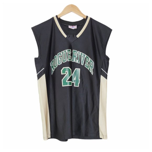 Sleeveless Baskeball Jersey Rogue River Number 24 Black Green and Golden Tan - Picture 1 of 11